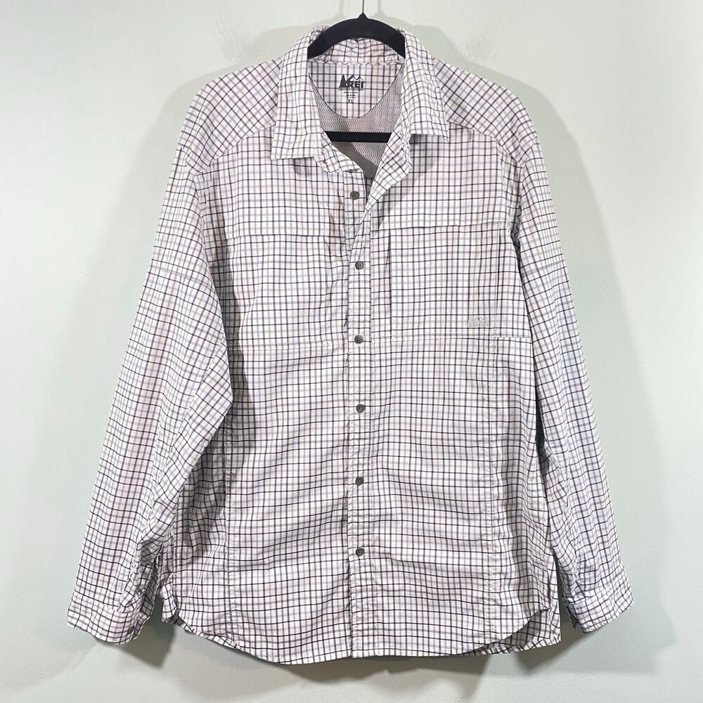 REI Men Blue & White Vented Long Sleeve Performance Button Up Shirt Size XL